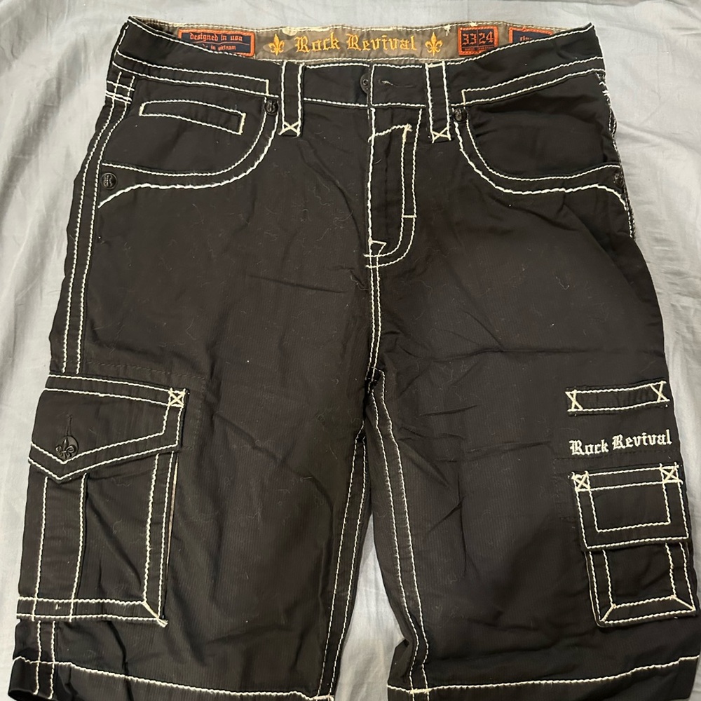 Rock Revival Black Cargo Shorts with White Stitching